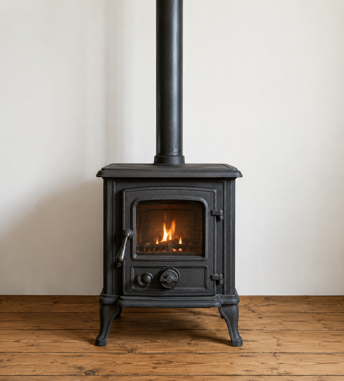 Traditional cast iron wood-burning stove.