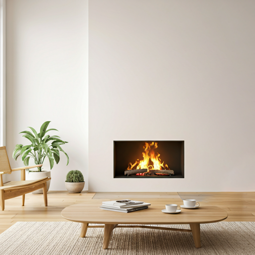 Bright living room with built-in fireplace and freestanding wood stove.